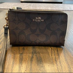 Coach Brown Double Zipper Wristlet Clutch
